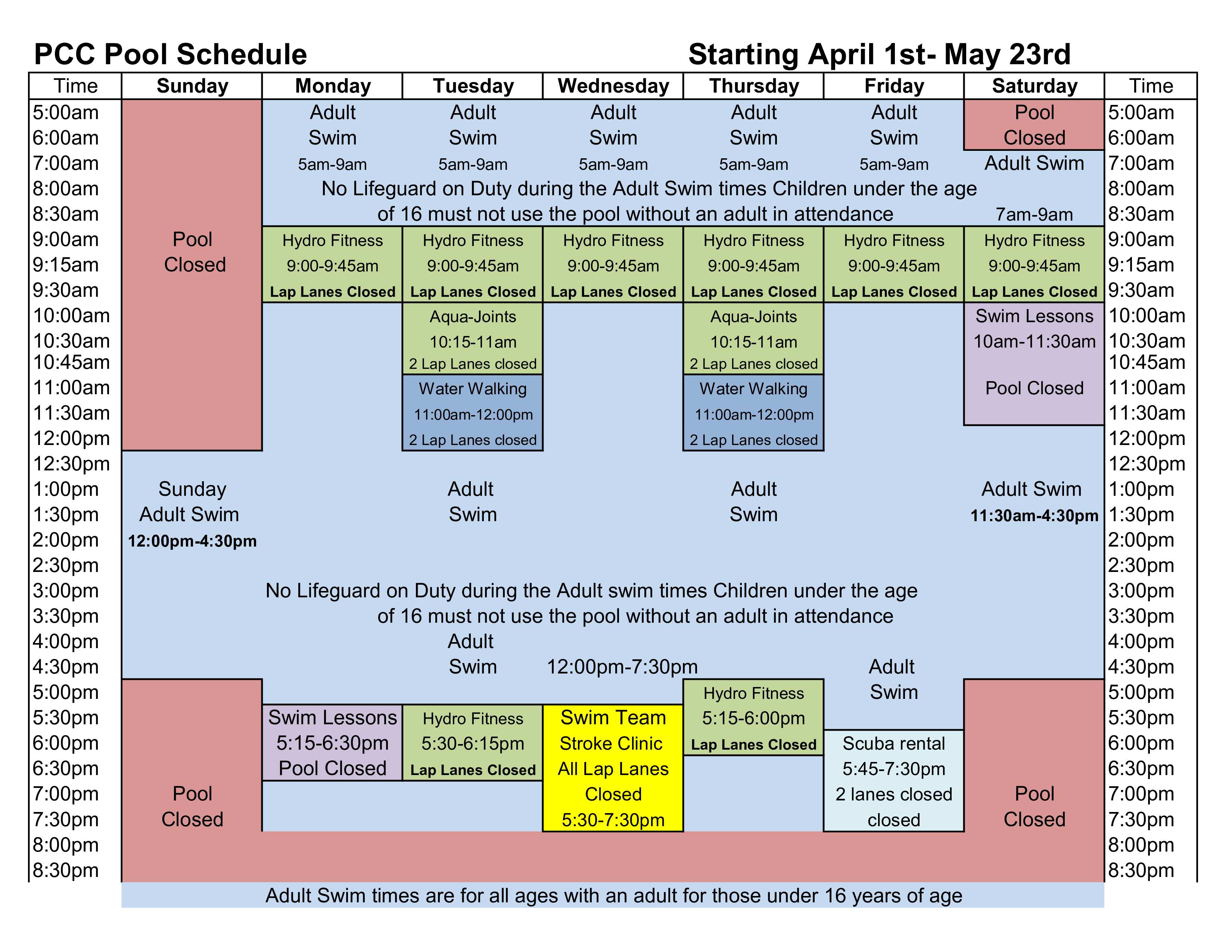 Spring 2026 pool schedule